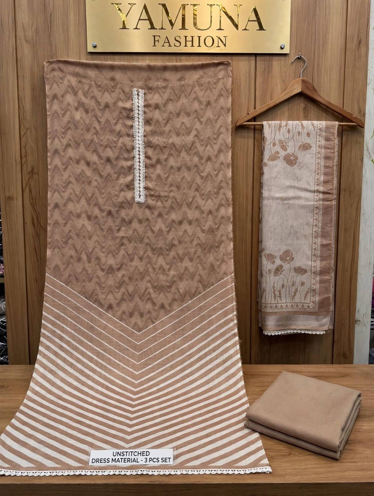 💕Chic Muted Beige Chevron Printed Unstitched ✨