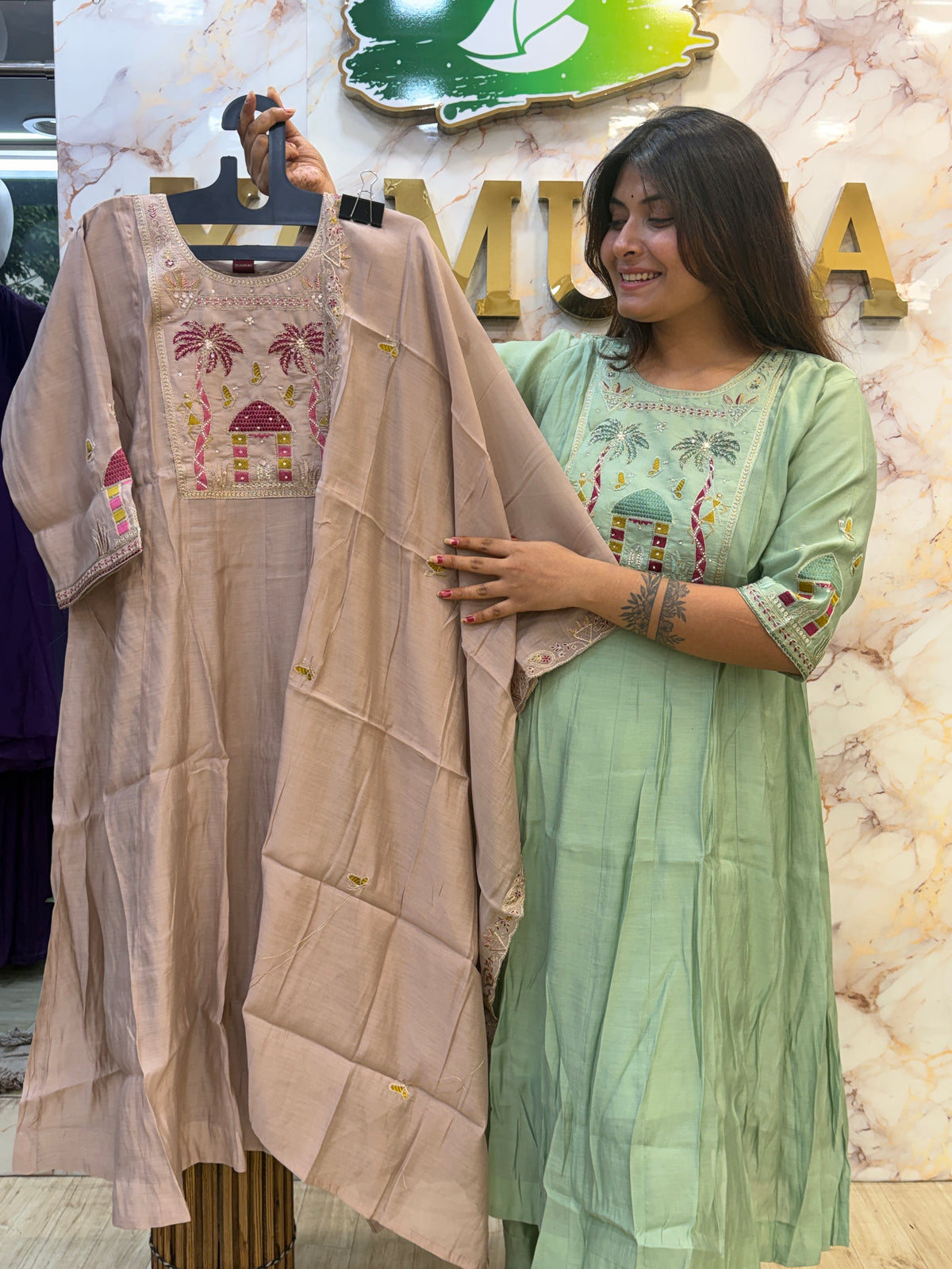 🌿 Sage Embroidered Kurti Pant Dupatta Set