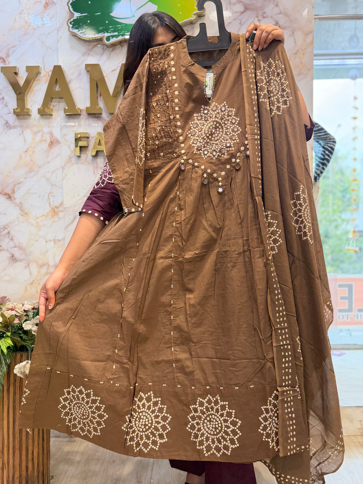 Elegant Cotton Anarkali Dress with Mirror Work