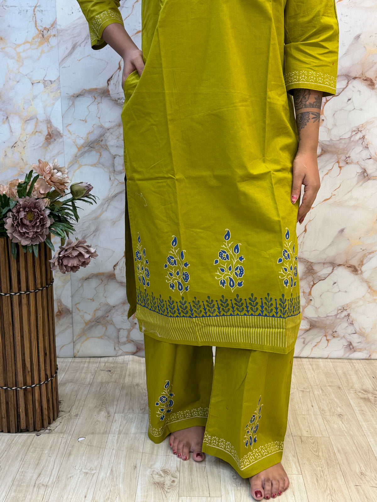 💚 Lime Olive Printed Kurti Pant Dupatta Set