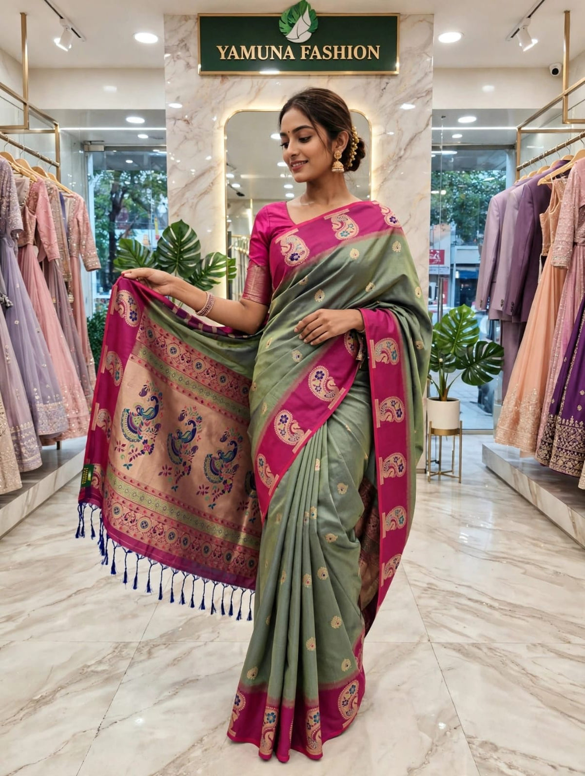 🌿 Elegant Sage Printed Saree 💖✨