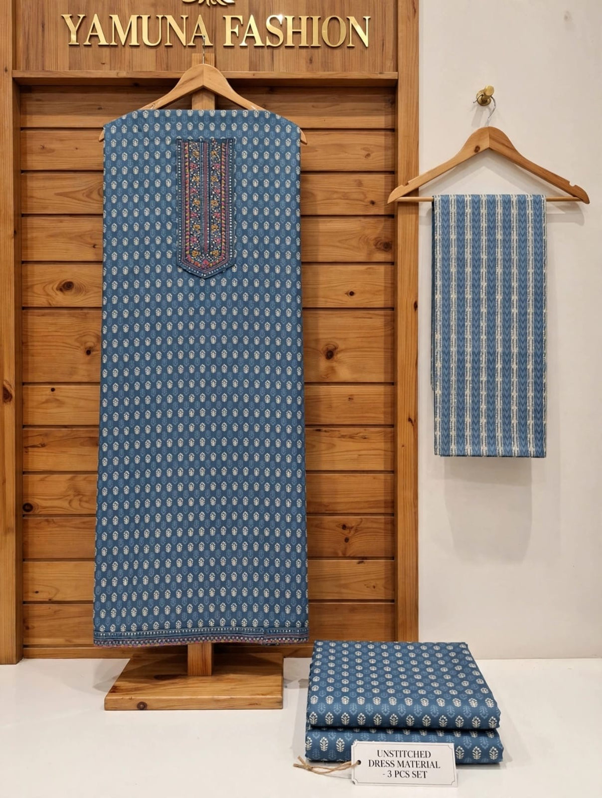✨ Royal Steel Blue Printed Unstitched 3-Piece Cotton Suit Set ✨