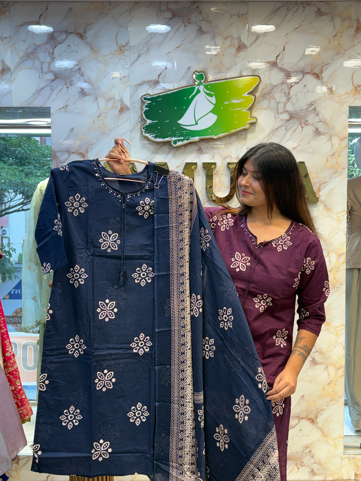 💜 Royal Plum Printed Kurti Pant Dupatta Set