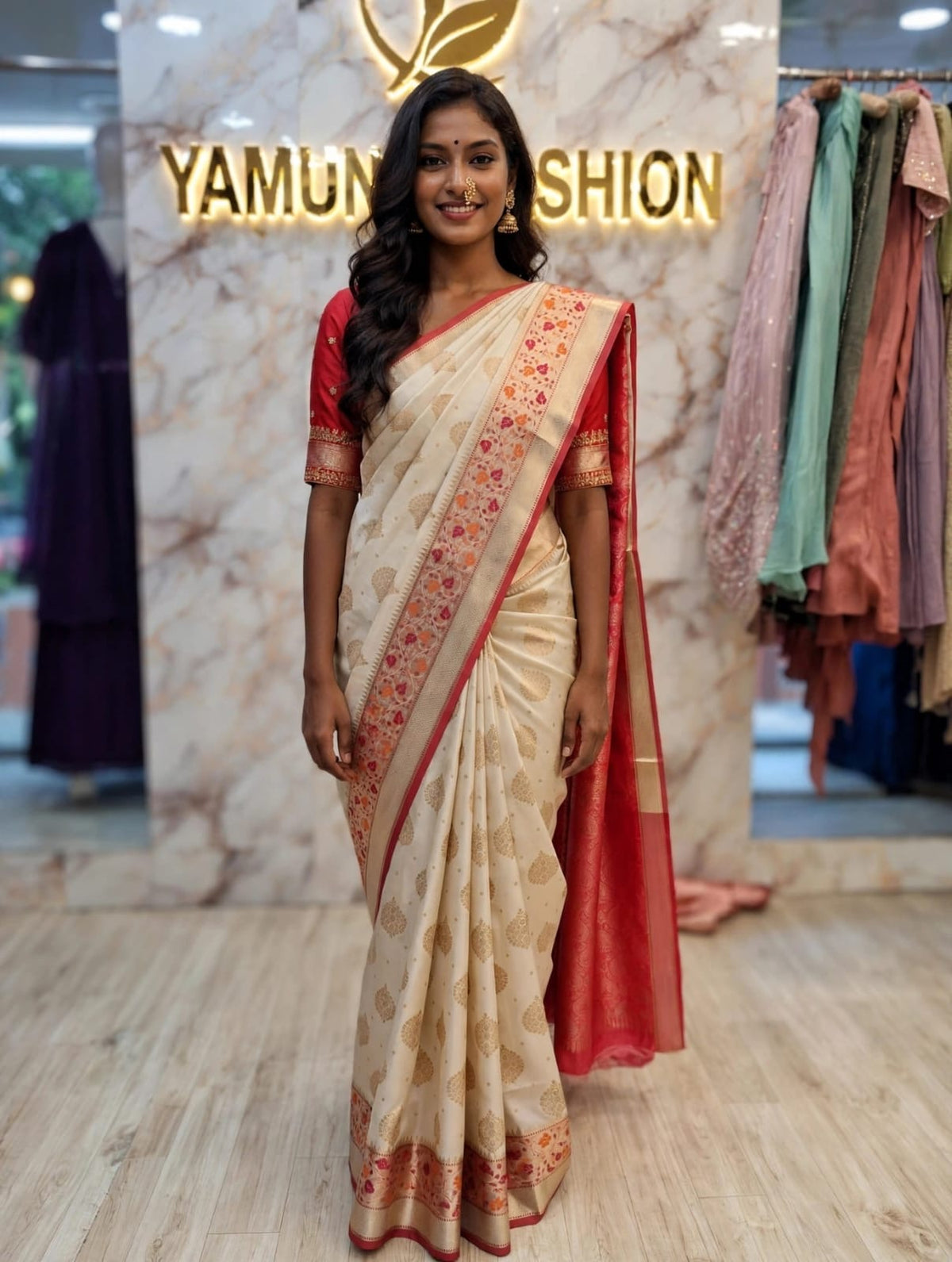 🌸 Royal Cream & Red Traditional Saree ❤️✨