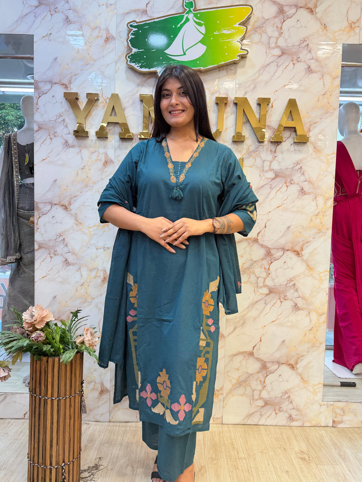 🩵 Teal Blue Floral Kurti Pant Dupatta Set