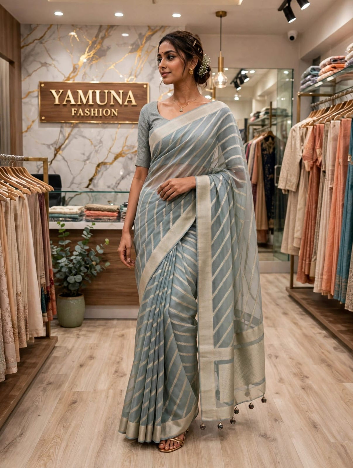 SERENE POWDER BLUE STRIPED SAREE 🤍