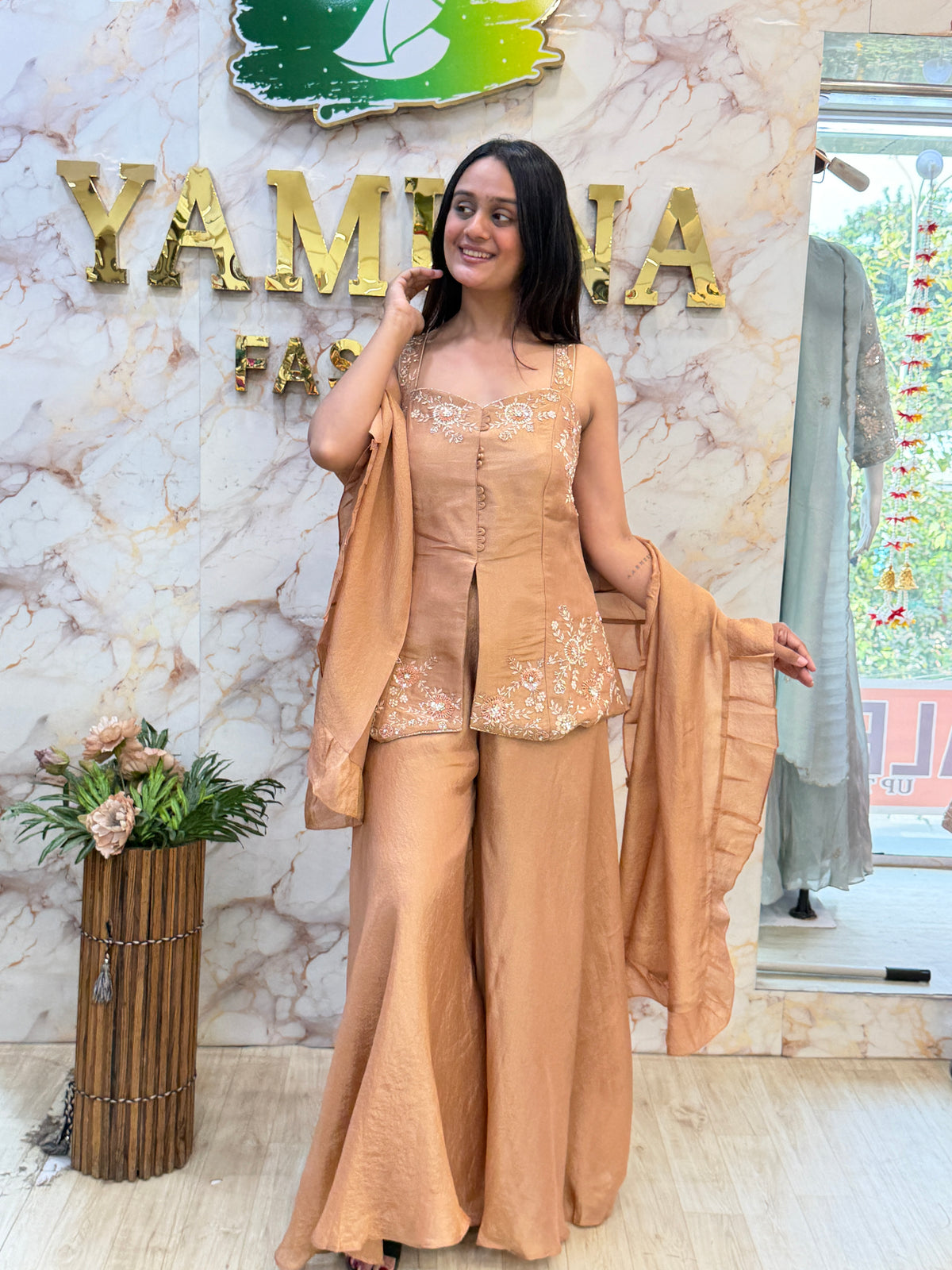 ✨ Champagne Beige Embroidered Indo-Western Set