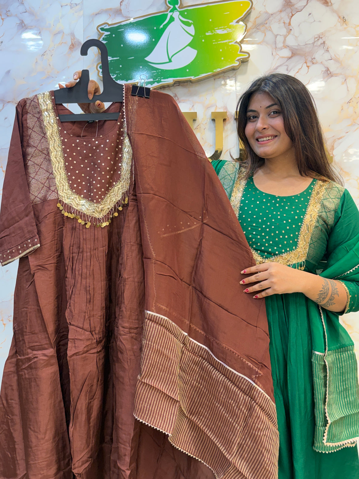 💚 Emerald Embroidered Anarkali Suit Set