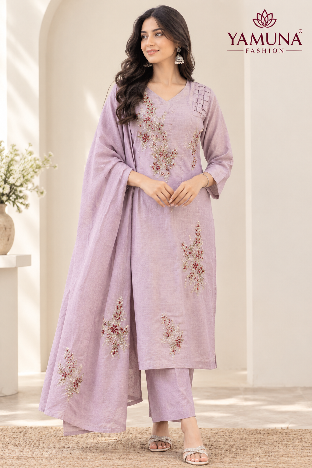 Lilac Floral Elegance – Embroidered Kurti Pant Dupatta Set