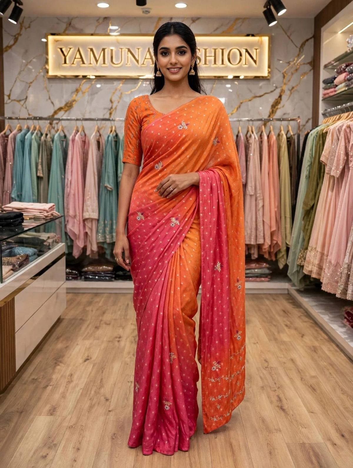 🧡 SUNSET ORANGE & RANI PINK SAREE ✨