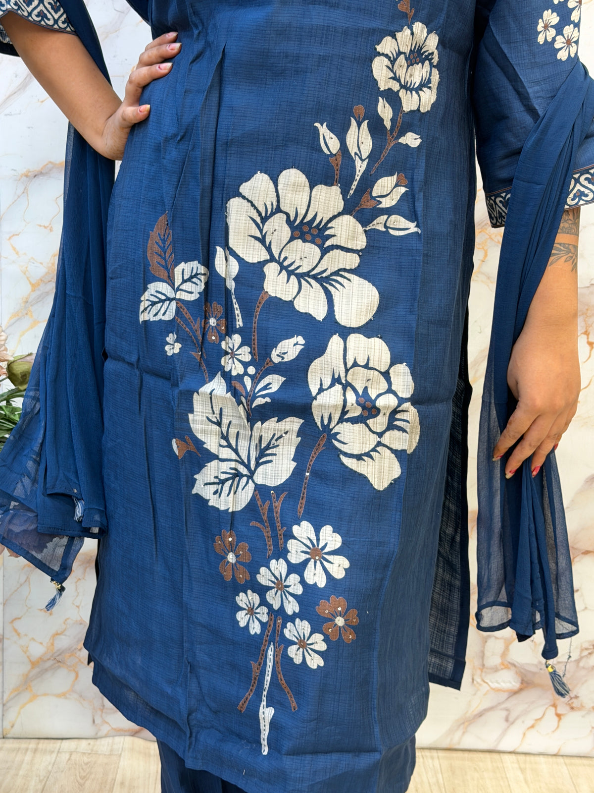 💙 Midnight Blue Floral Kurti Pant Dupatta Set