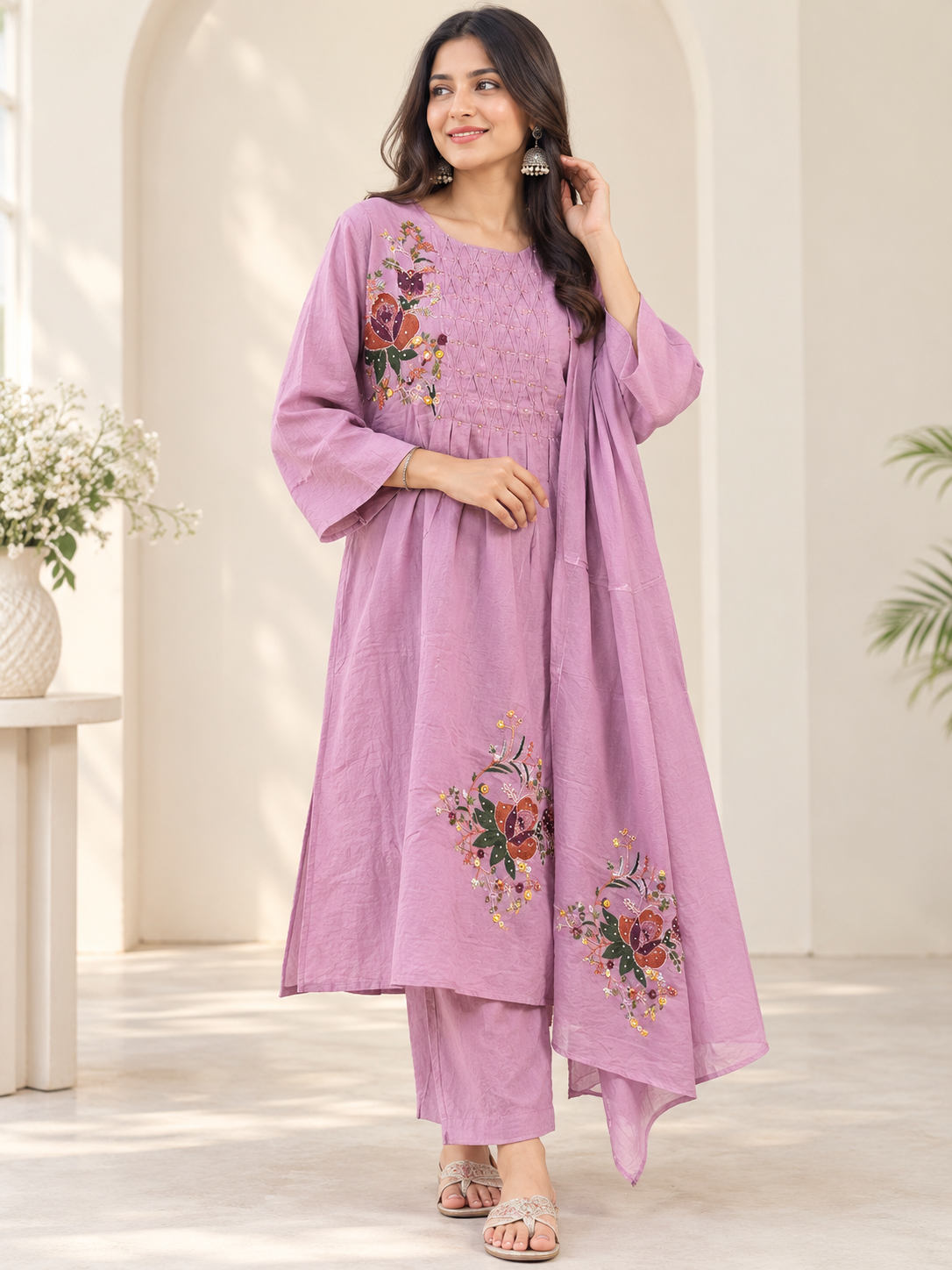 Lilac Floral Elegance – Embroidered Kurti Pant Dupatta Set