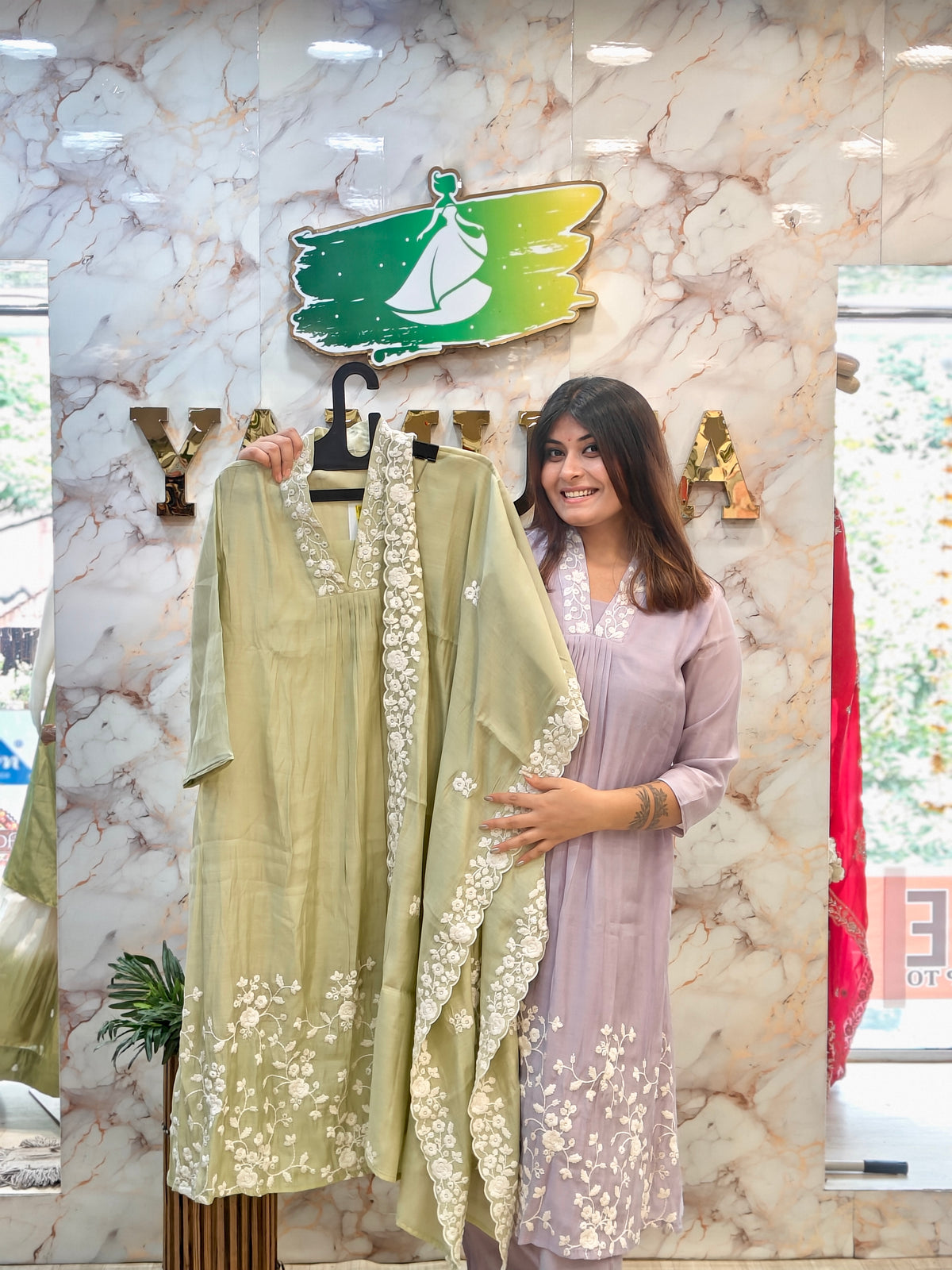Trending Chinon Anarkali Dress with Thread Work