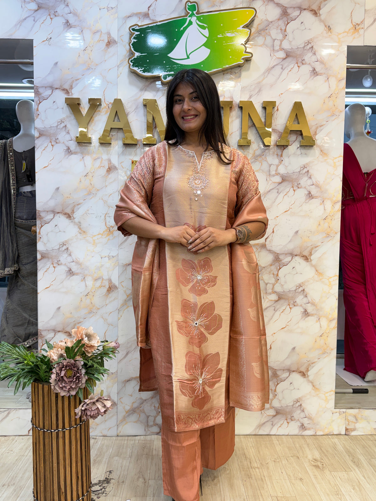 🌸 Peach Blush Floral Kurti Pant Dupatta Set