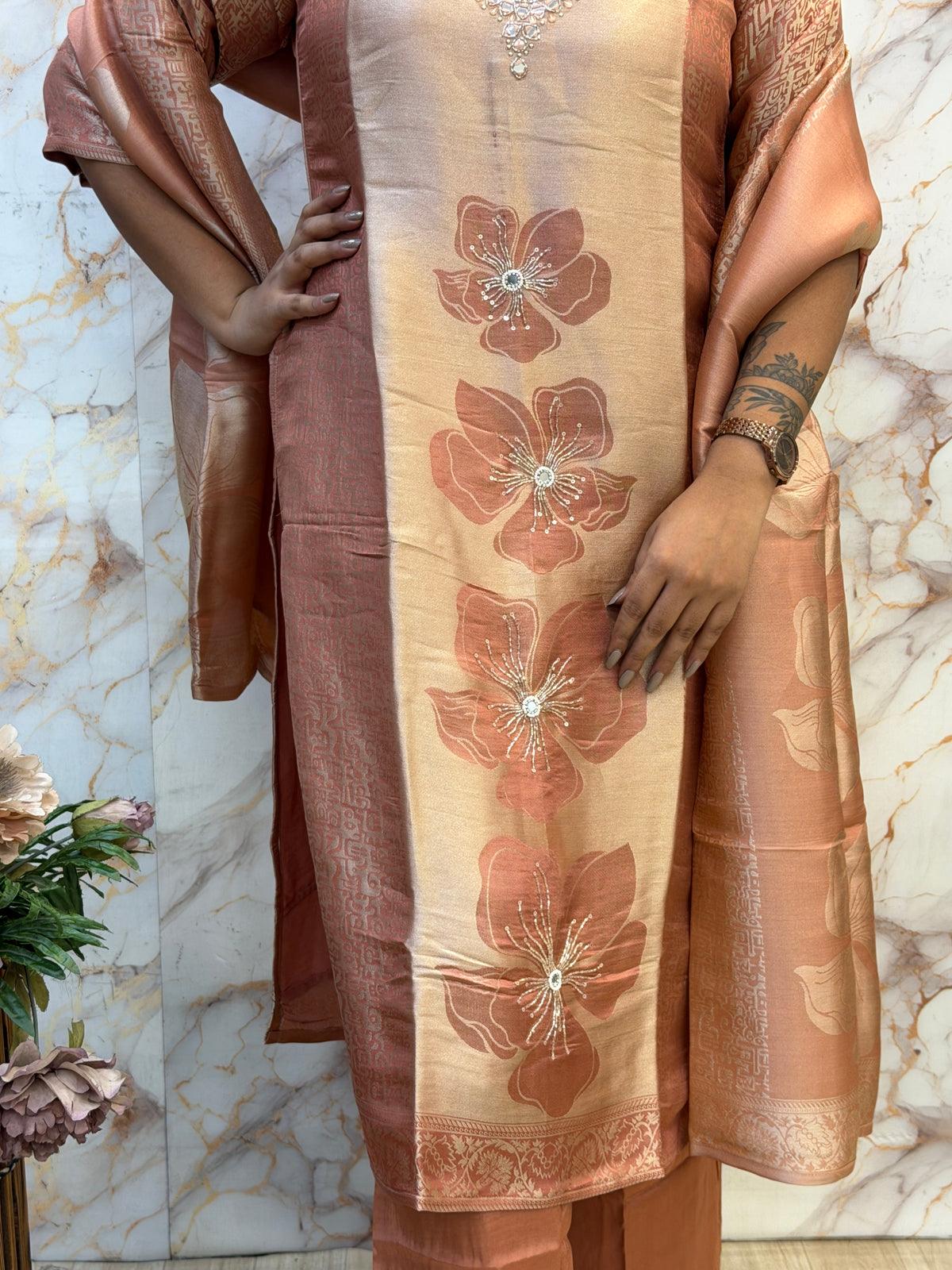 🌸 Peach Blush Floral Kurti Pant Dupatta Set