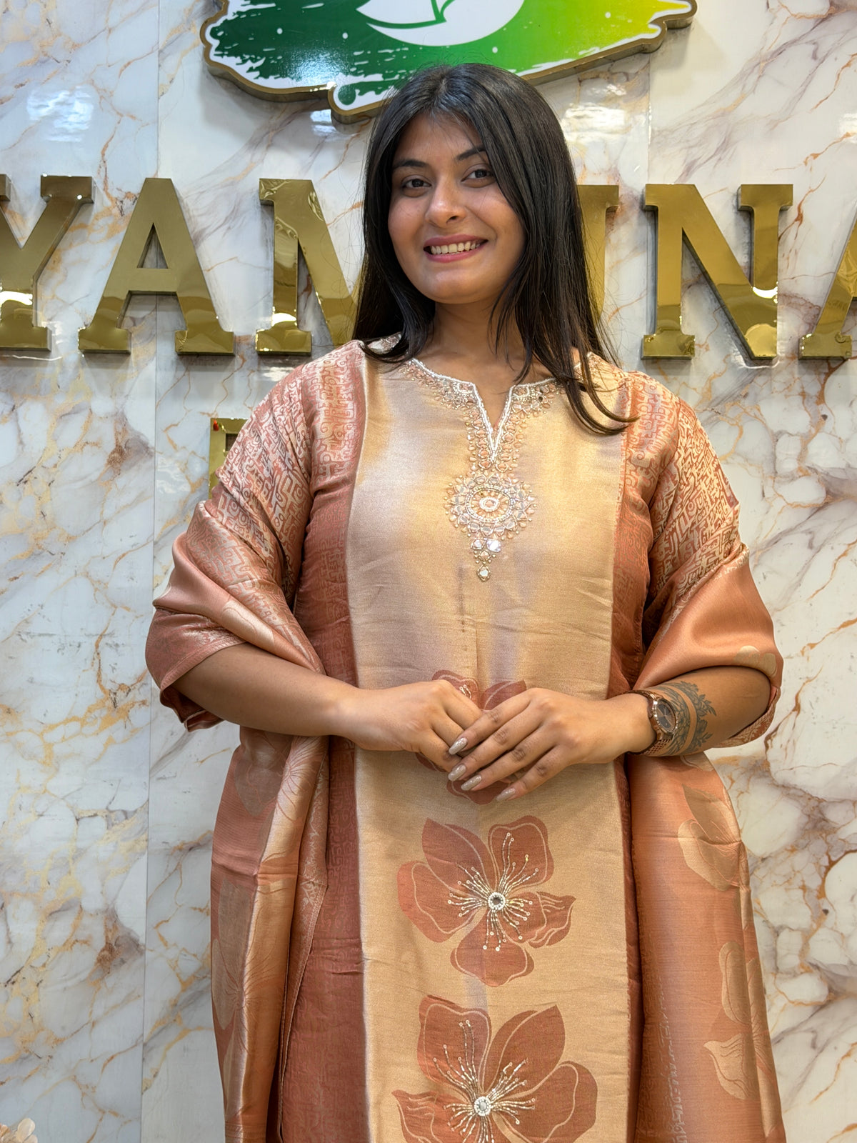 🌸 Peach Blush Floral Kurti Pant Dupatta Set
