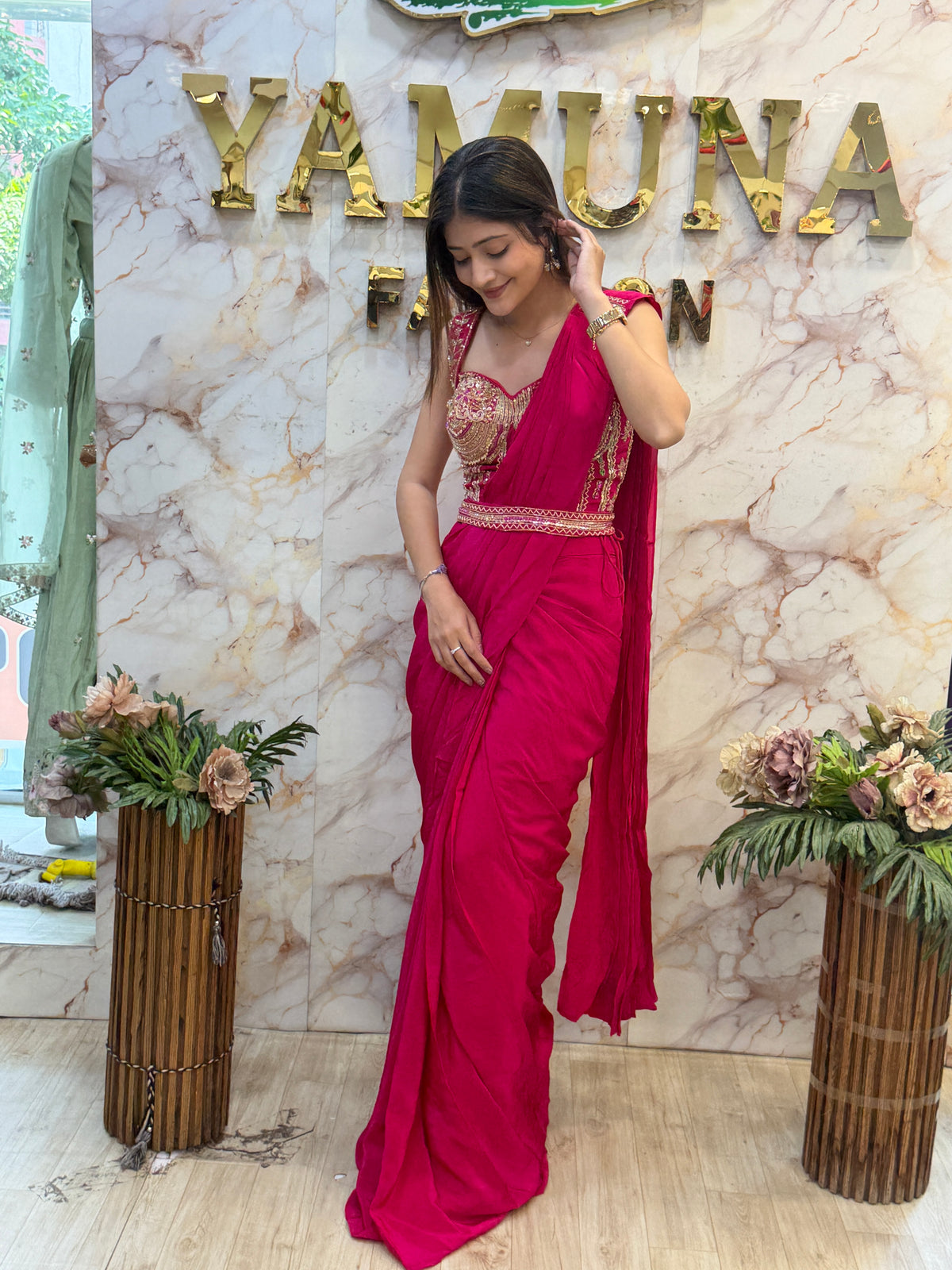 Rani Pink Embellished Draped Saree