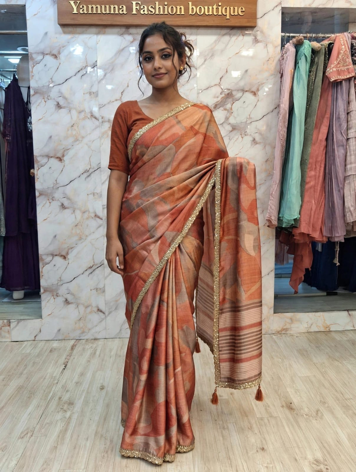 🍂 Rustic Terracotta Printed Saree ✨