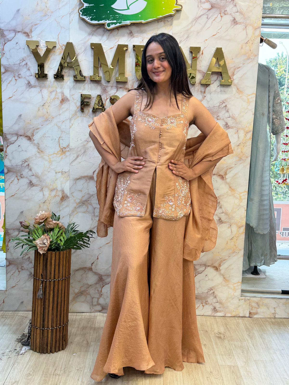 ✨ Champagne Beige Embroidered Indo-Western Set