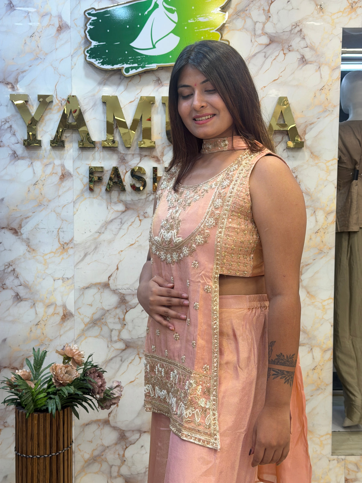 🌸 Peachy Glam – Embroidered Indo Western ✨
