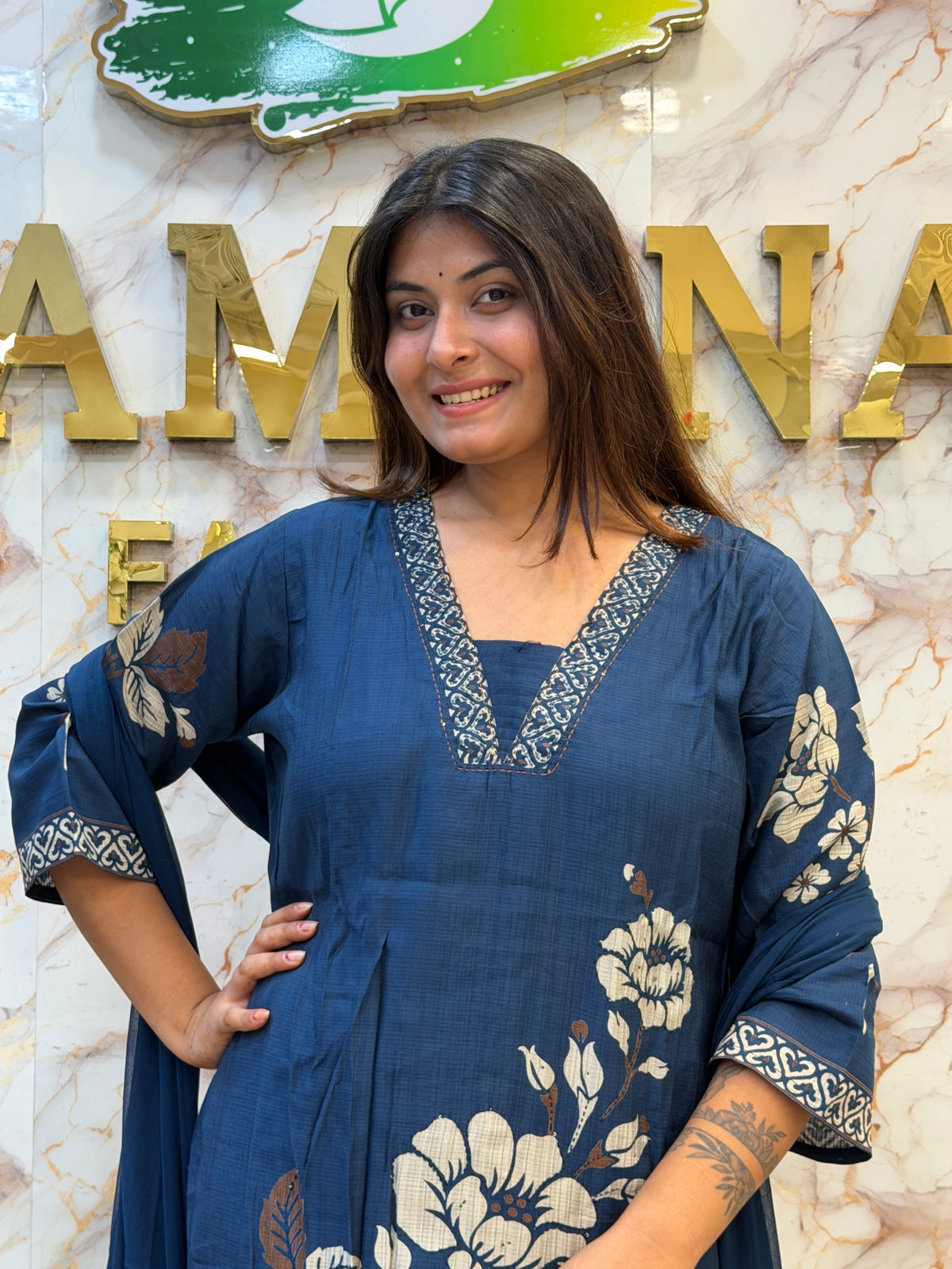 💙 Midnight Blue Floral Kurti Pant Dupatta Set