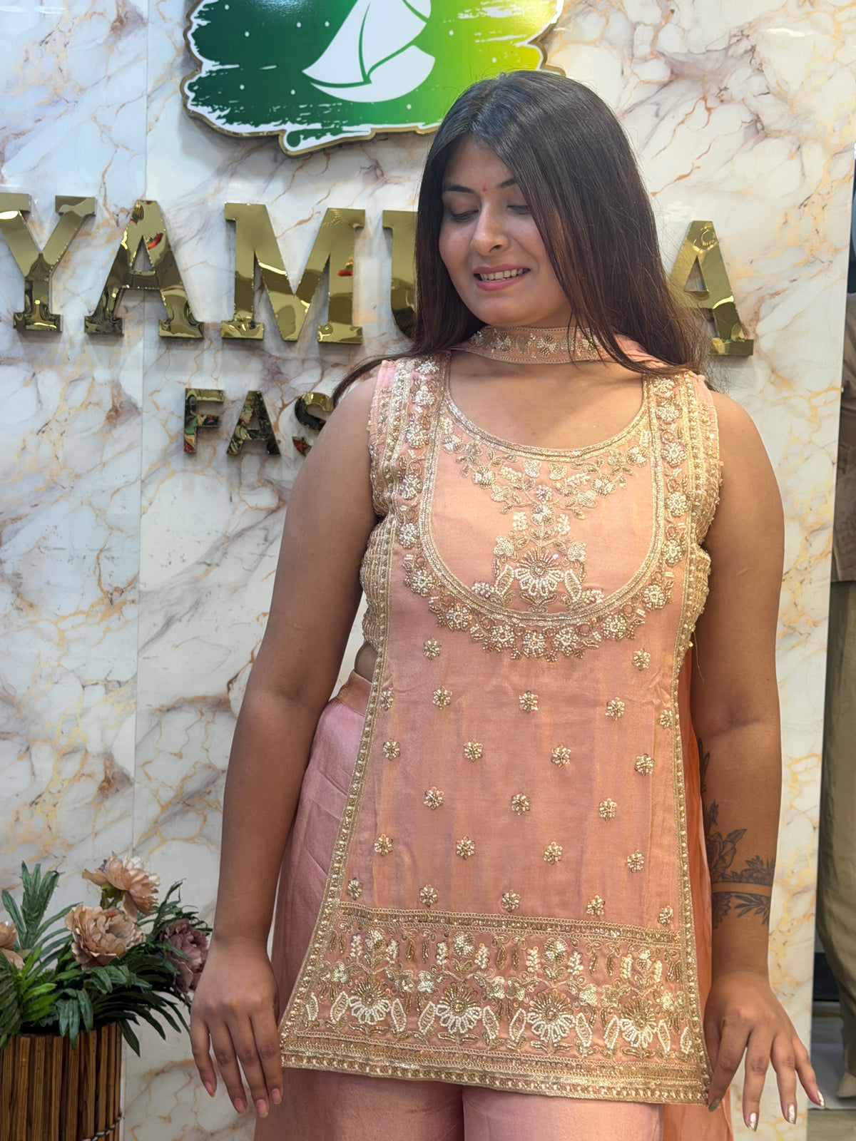 🌸 Peachy Glam – Embroidered Indo Western ✨