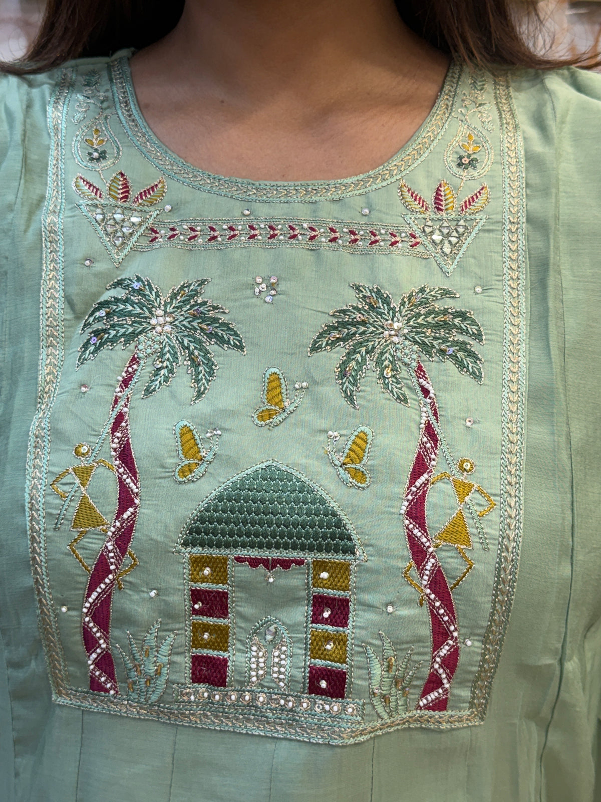 🌿 Sage Embroidered Kurti Pant Dupatta Set