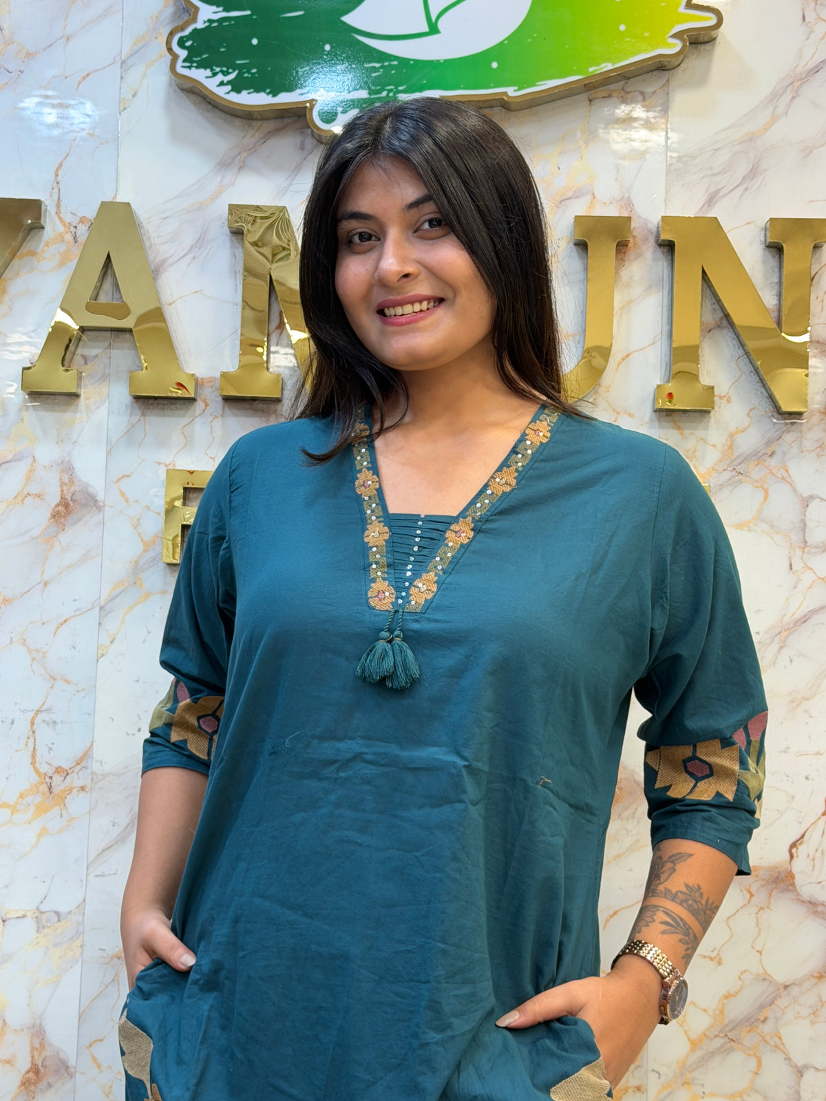 🩵 Teal Blue Floral Kurti Pant Dupatta Set
