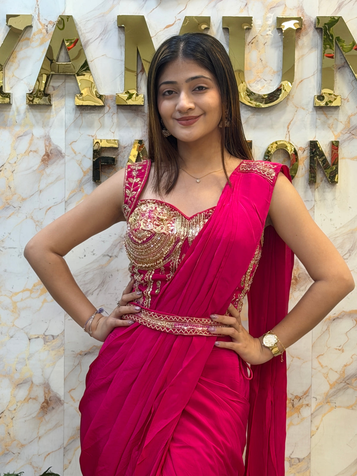 Rani Pink Embellished Draped Saree