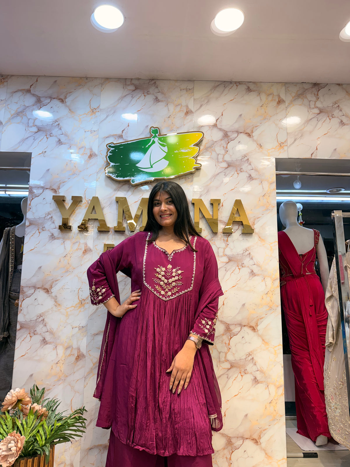 💜 Wine Embroidered Flared Kurti Pant Dupatta Set ✨