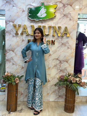 💙✨ Ocean Blue Floral Kurta Palazzo Set ✨💙