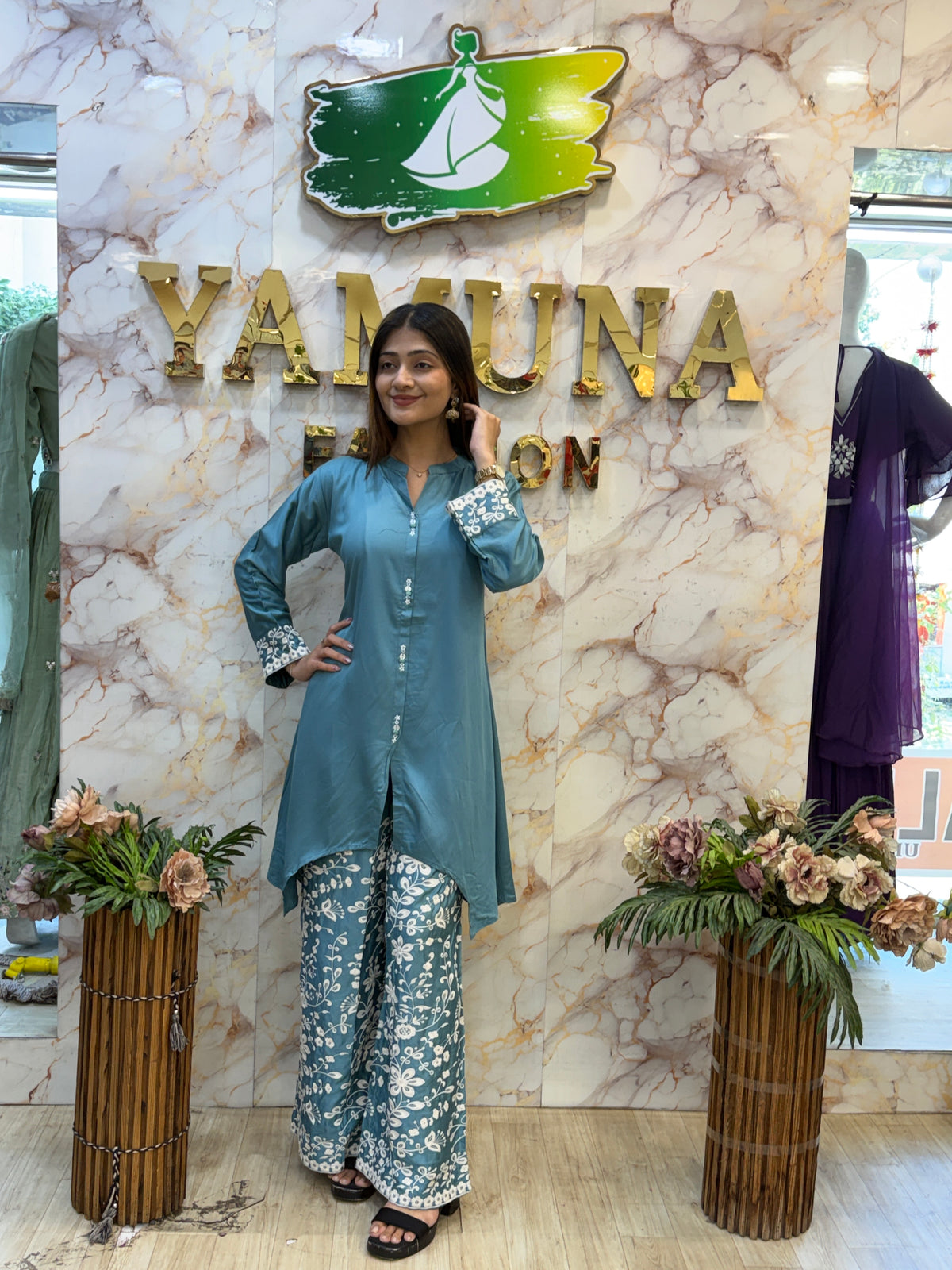 💙✨ Ocean Blue Floral Kurta Palazzo Set ✨💙