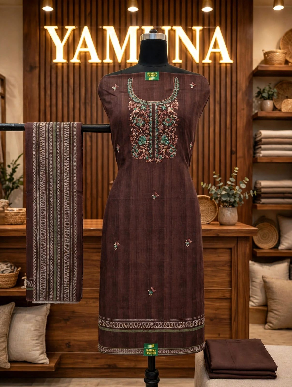✨ Elegant Chocolate Brown Embroidered dress material ✨