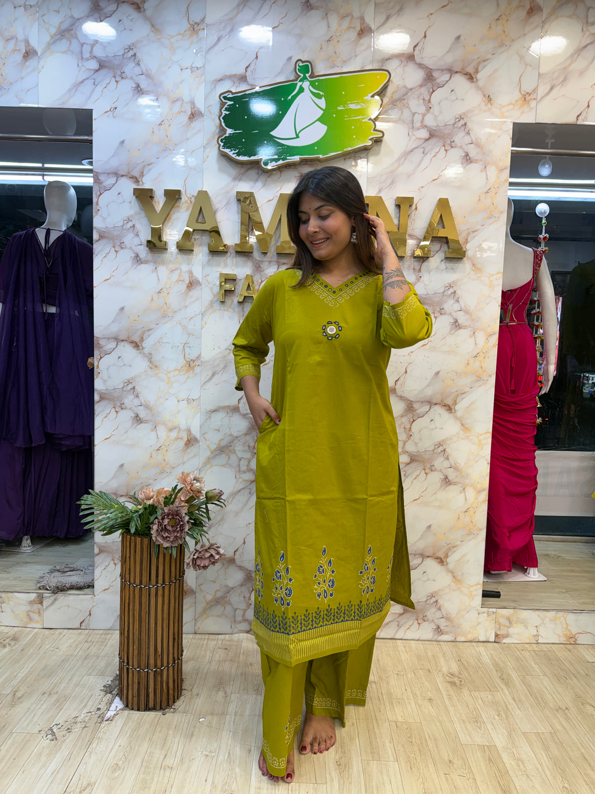 💚 Lime Olive Printed Kurti Pant Dupatta Set