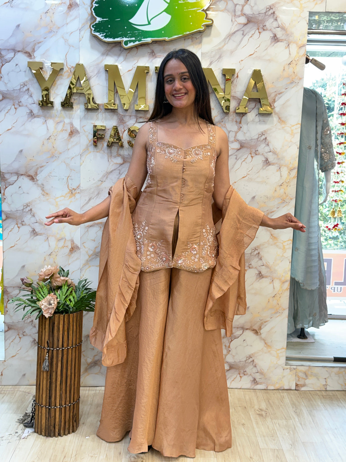 ✨ Champagne Beige Embroidered Indo-Western Set