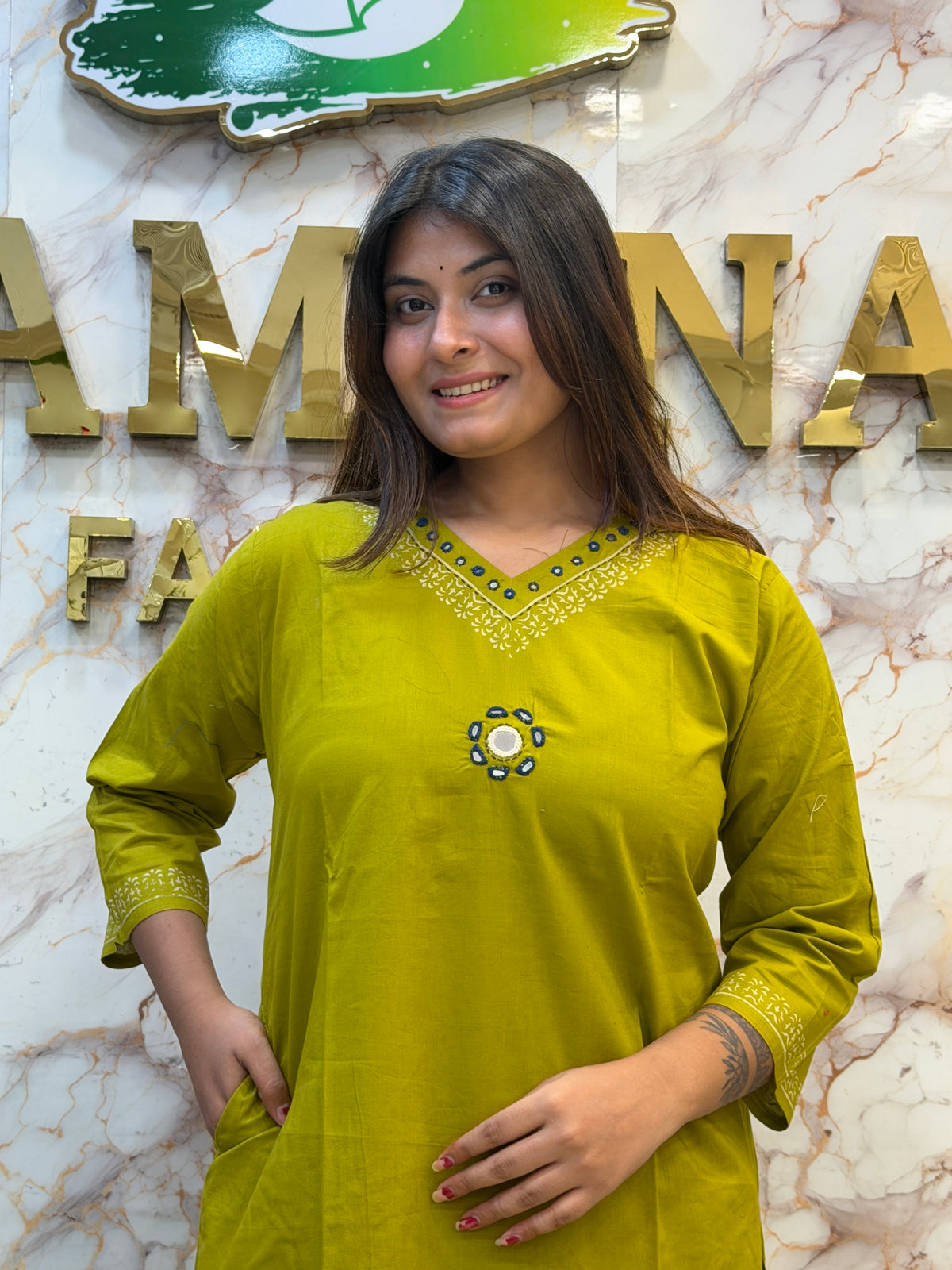 💚 Lime Olive Printed Kurti Pant Dupatta Set