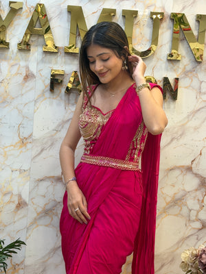 Rani Pink Embellished Draped Saree