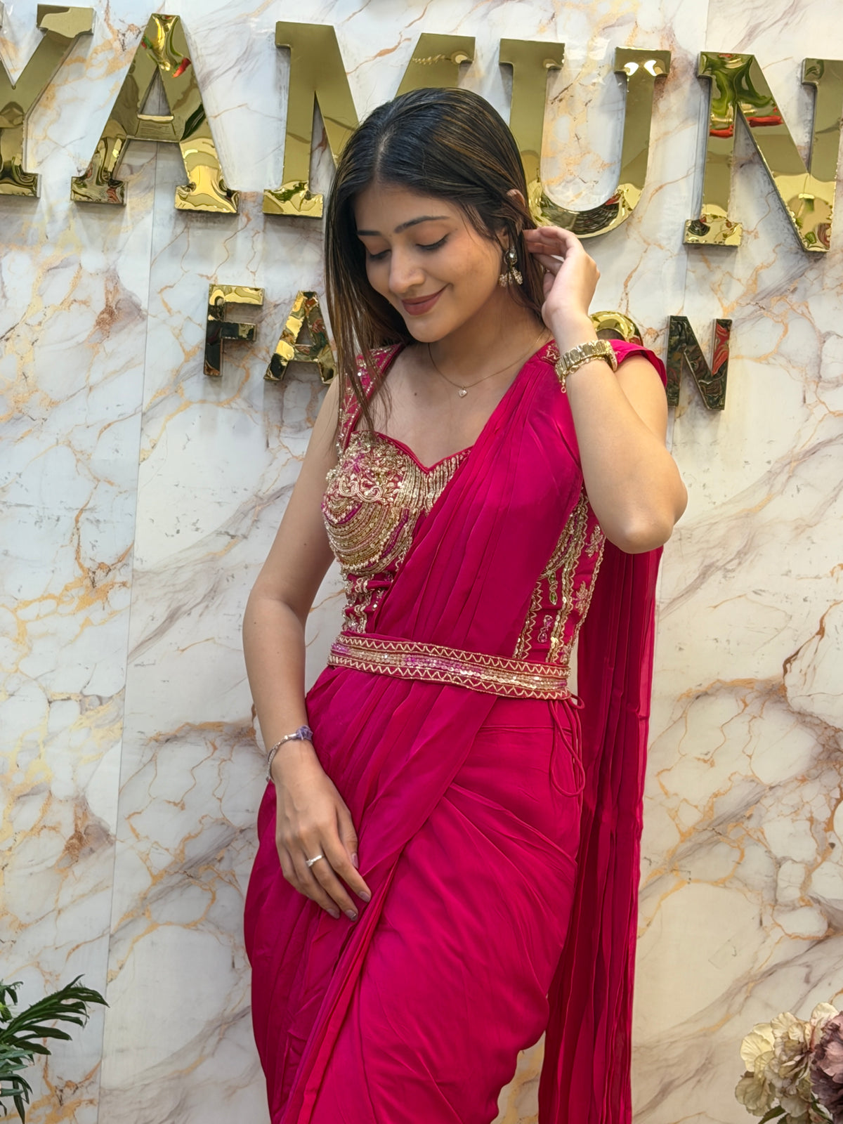 Rani Pink Embellished Draped Saree