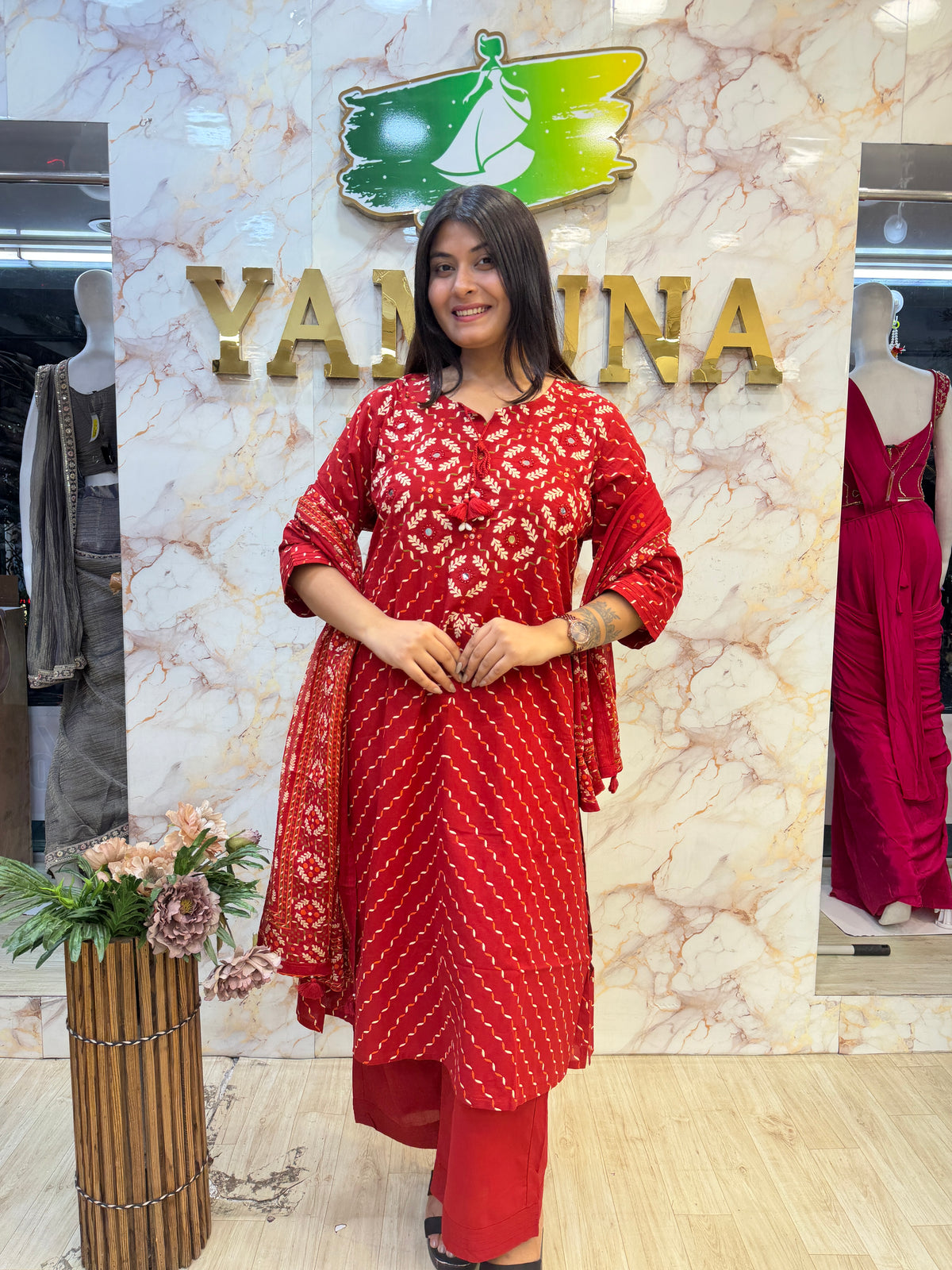 ❤️ Ruby Red Printed Kurti Pant Dupatta Set