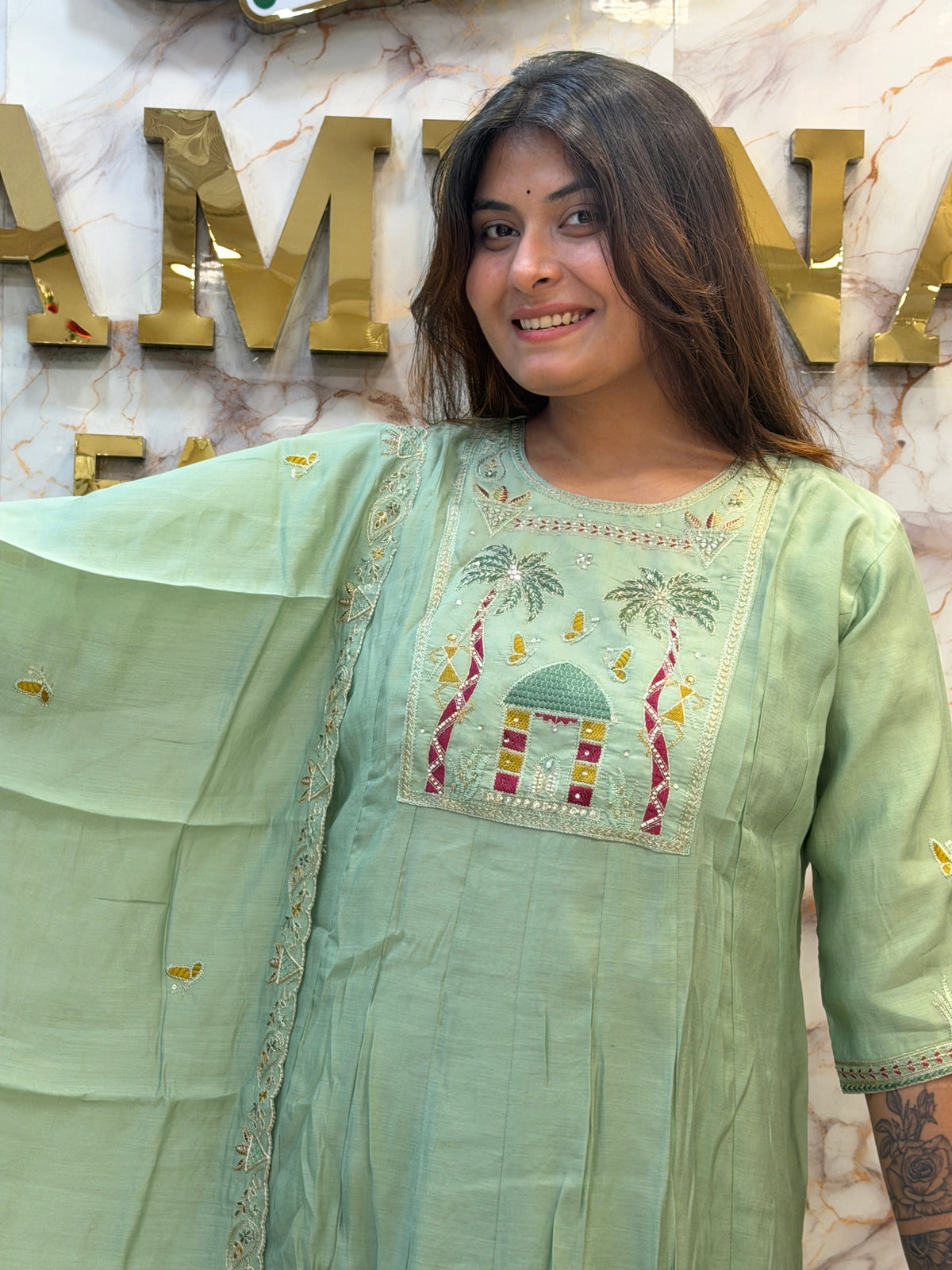 🌿 Sage Embroidered Kurti Pant Dupatta Set