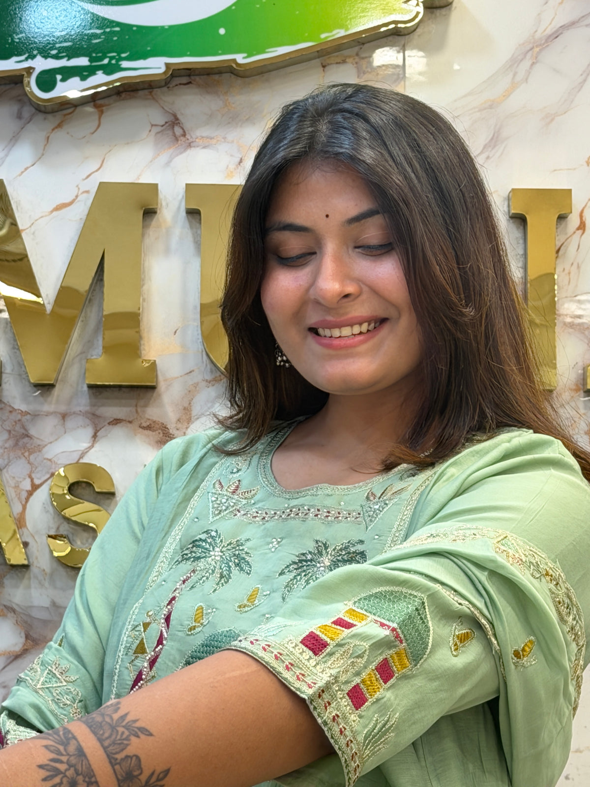 🌿 Sage Embroidered Kurti Pant Dupatta Set