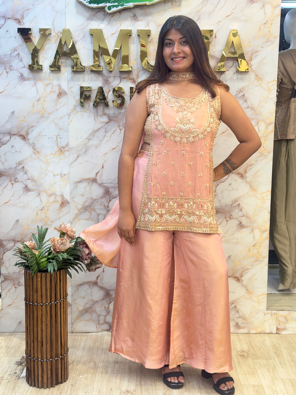 🌸 Peachy Glam – Embroidered Indo Western ✨