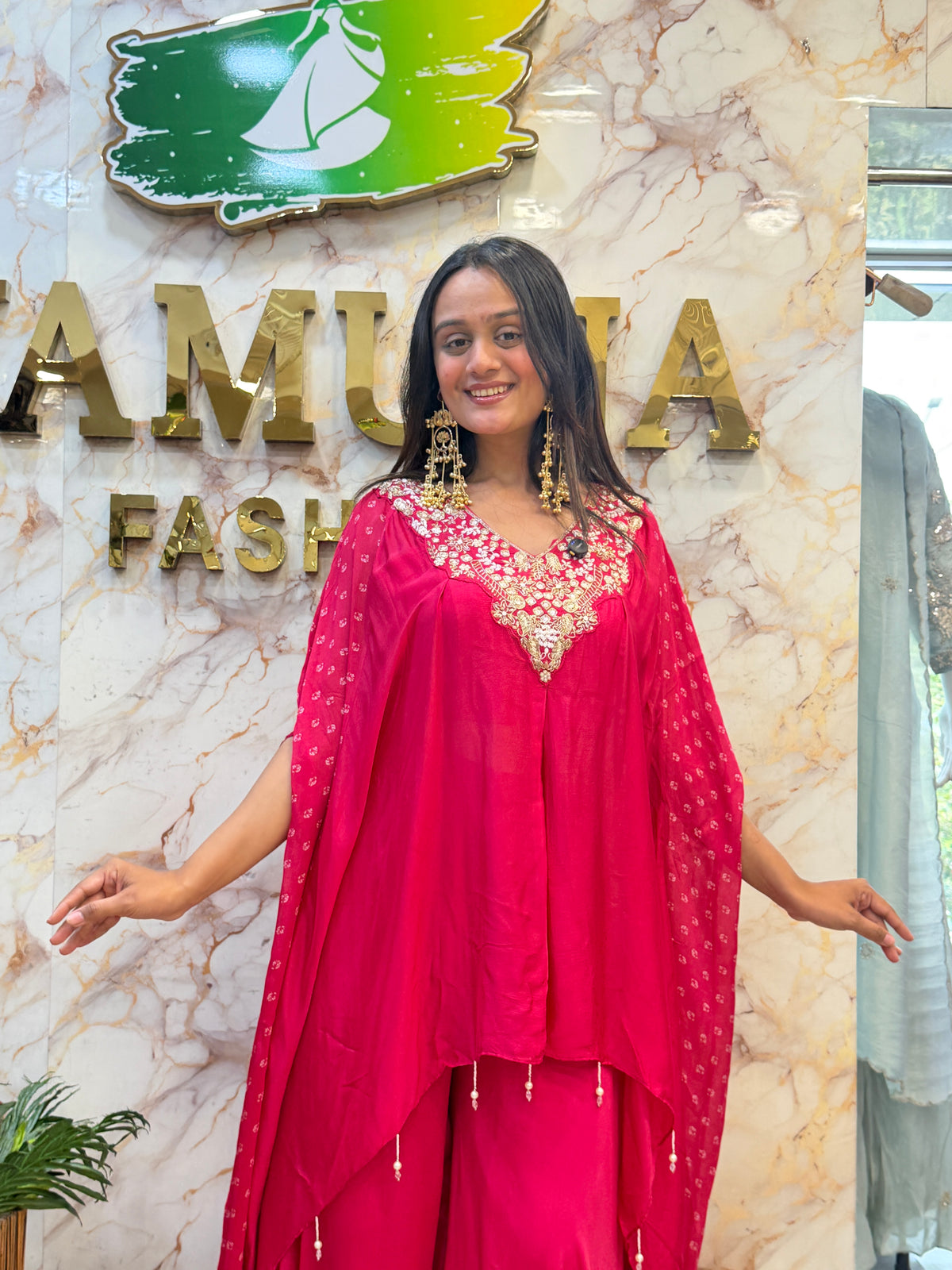 🌹 Rani Pink Embroidered Indo-Western Kaftan Set