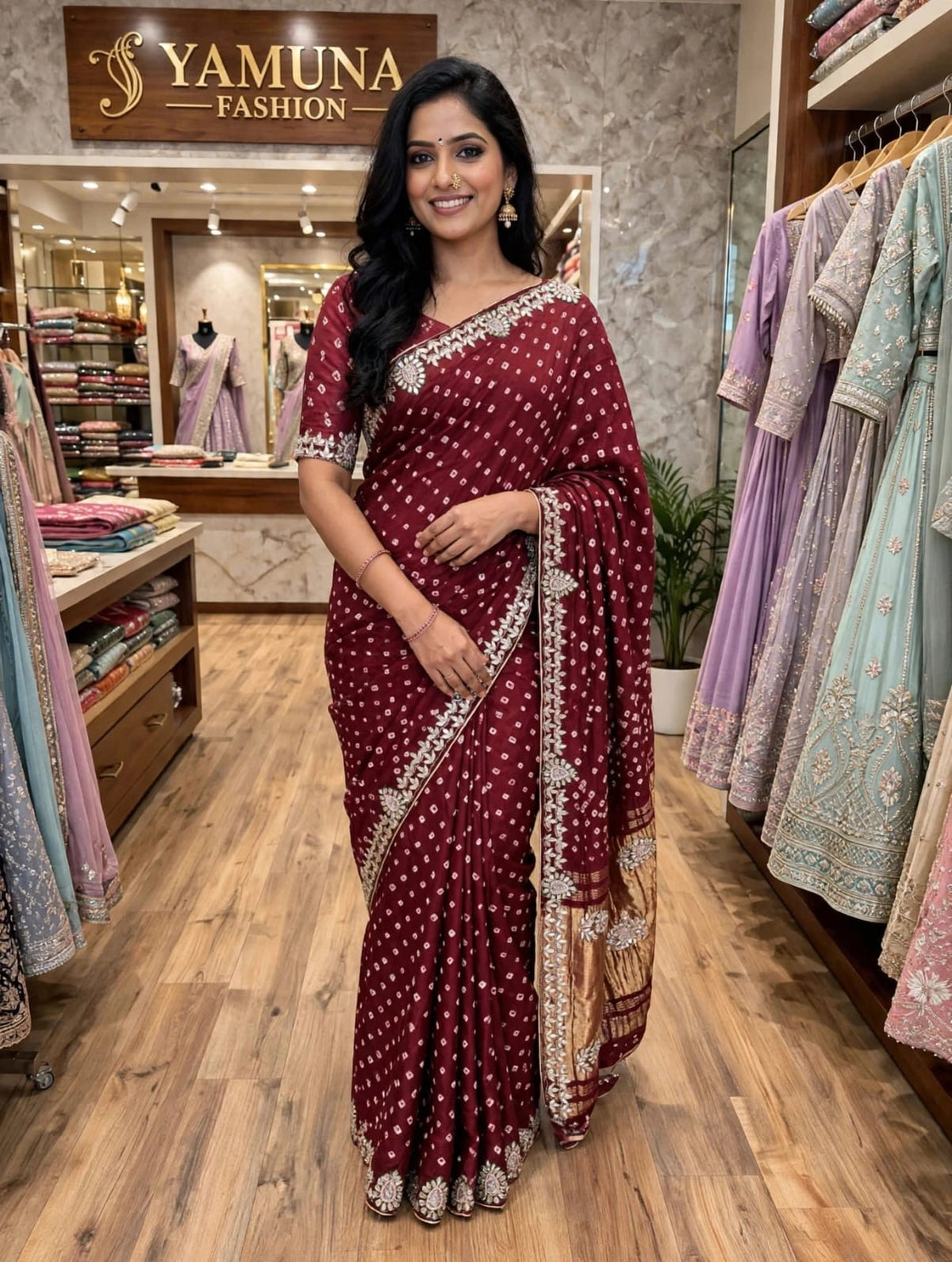 ❤️ Royal maroon Bandhani Saree ✨