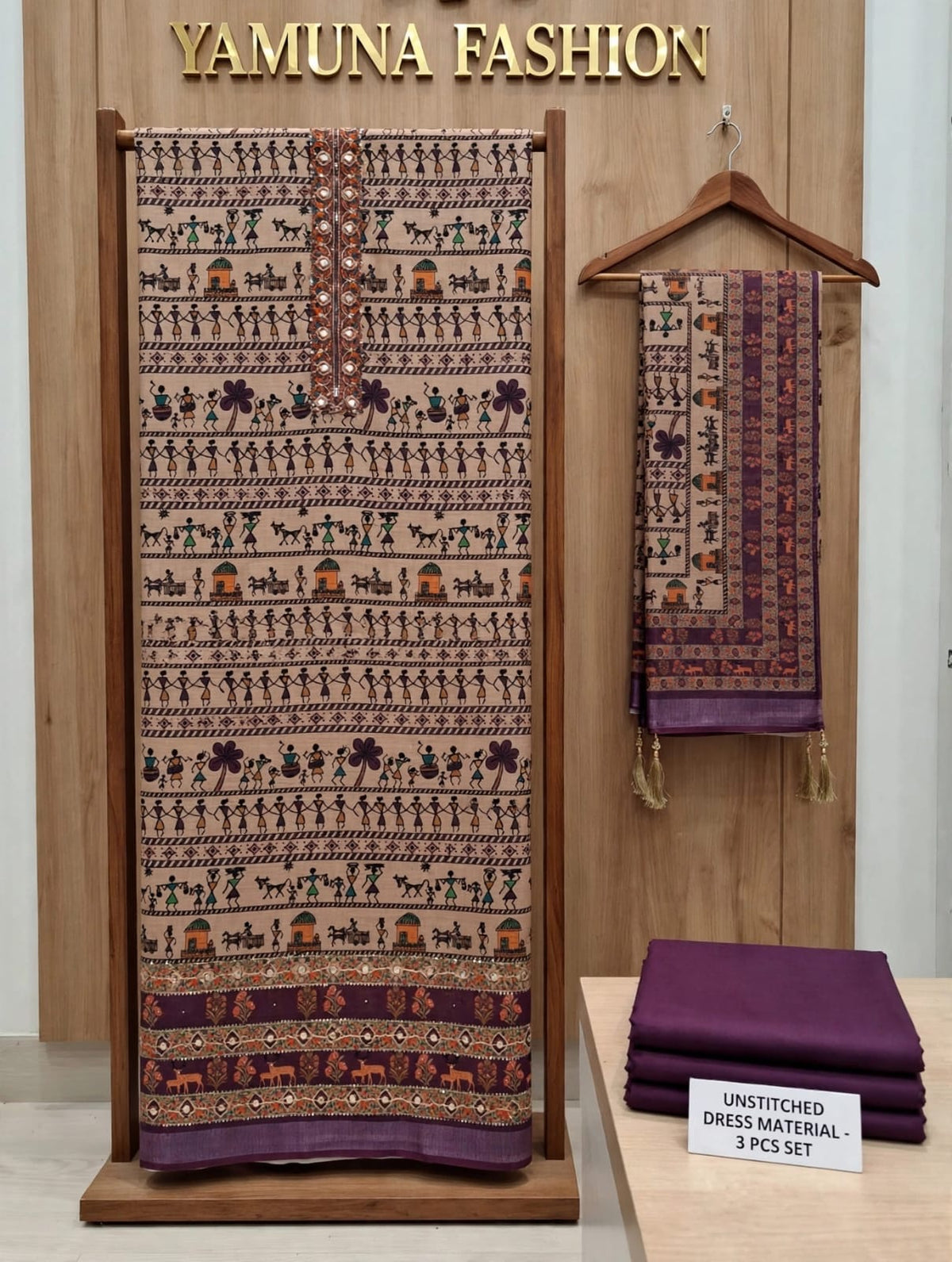 💜Traditional Warli Art Print Unstitched 3-Piece Dress Material with Mirror Work ✨