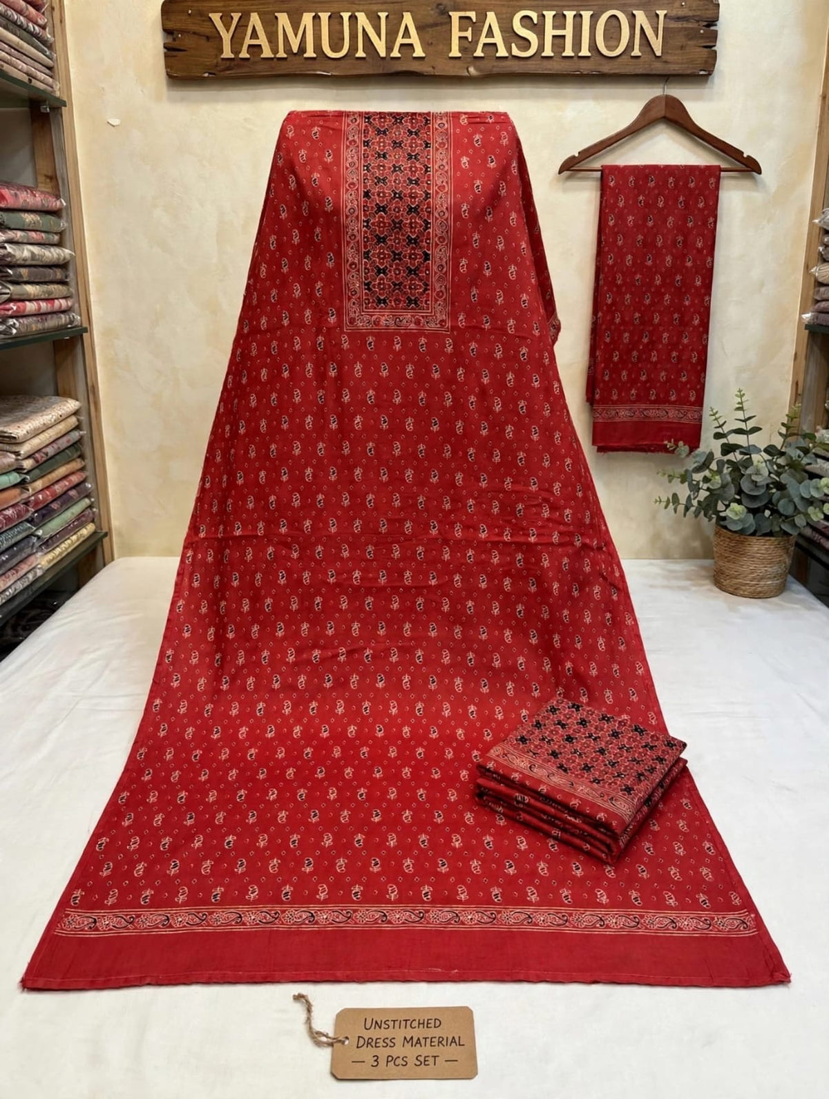 ❤️Crimson Red Cotton Dress Material with Intricate Embroidery🌹