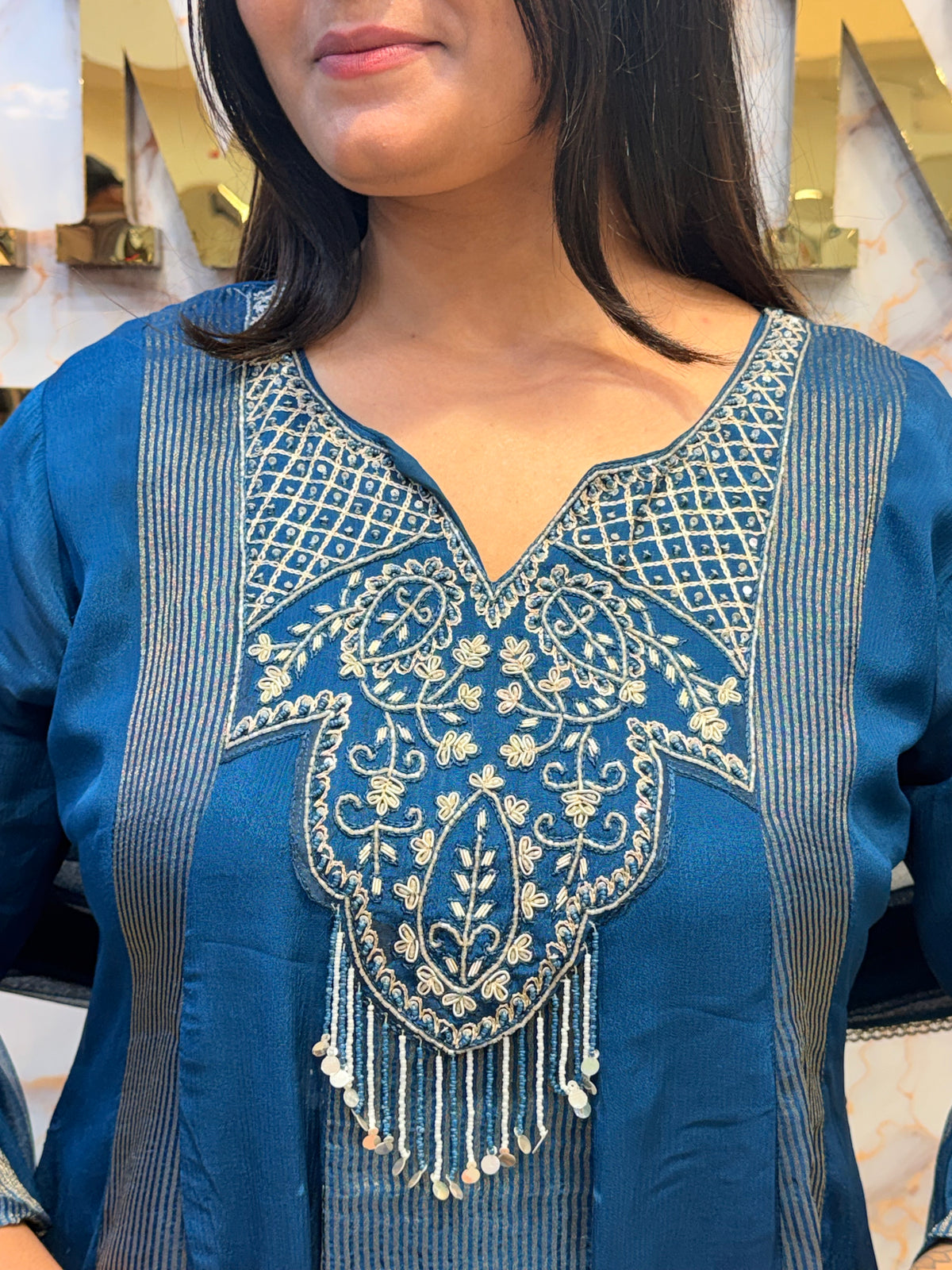 💙 Midnight Blue Embroidered Kurti Pant Set