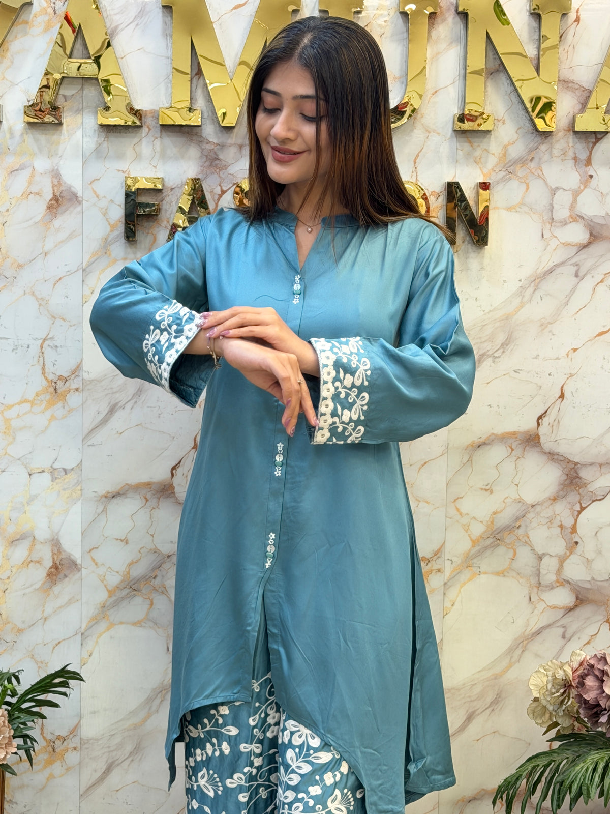 💙✨ Ocean Blue Floral Kurta Palazzo Set ✨💙