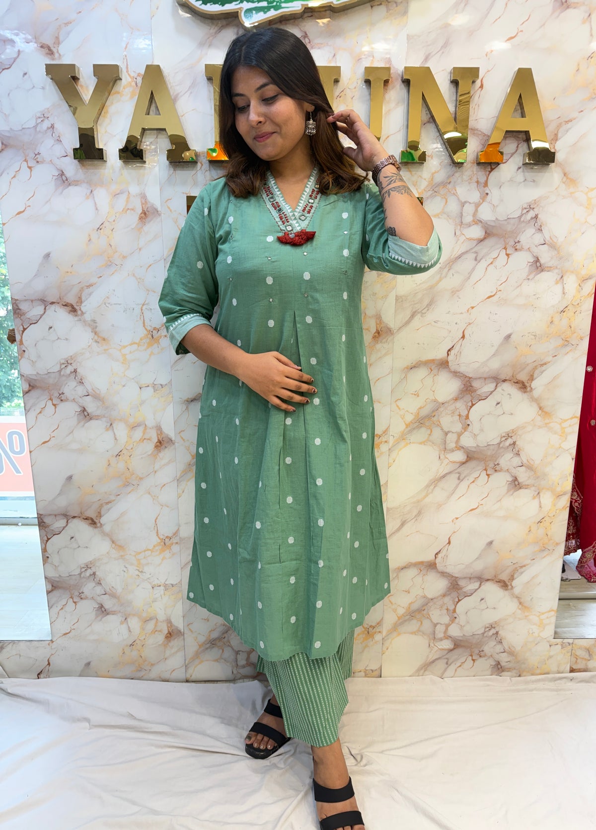 Cotton Mirror Work A-Line Kurti Set ✨