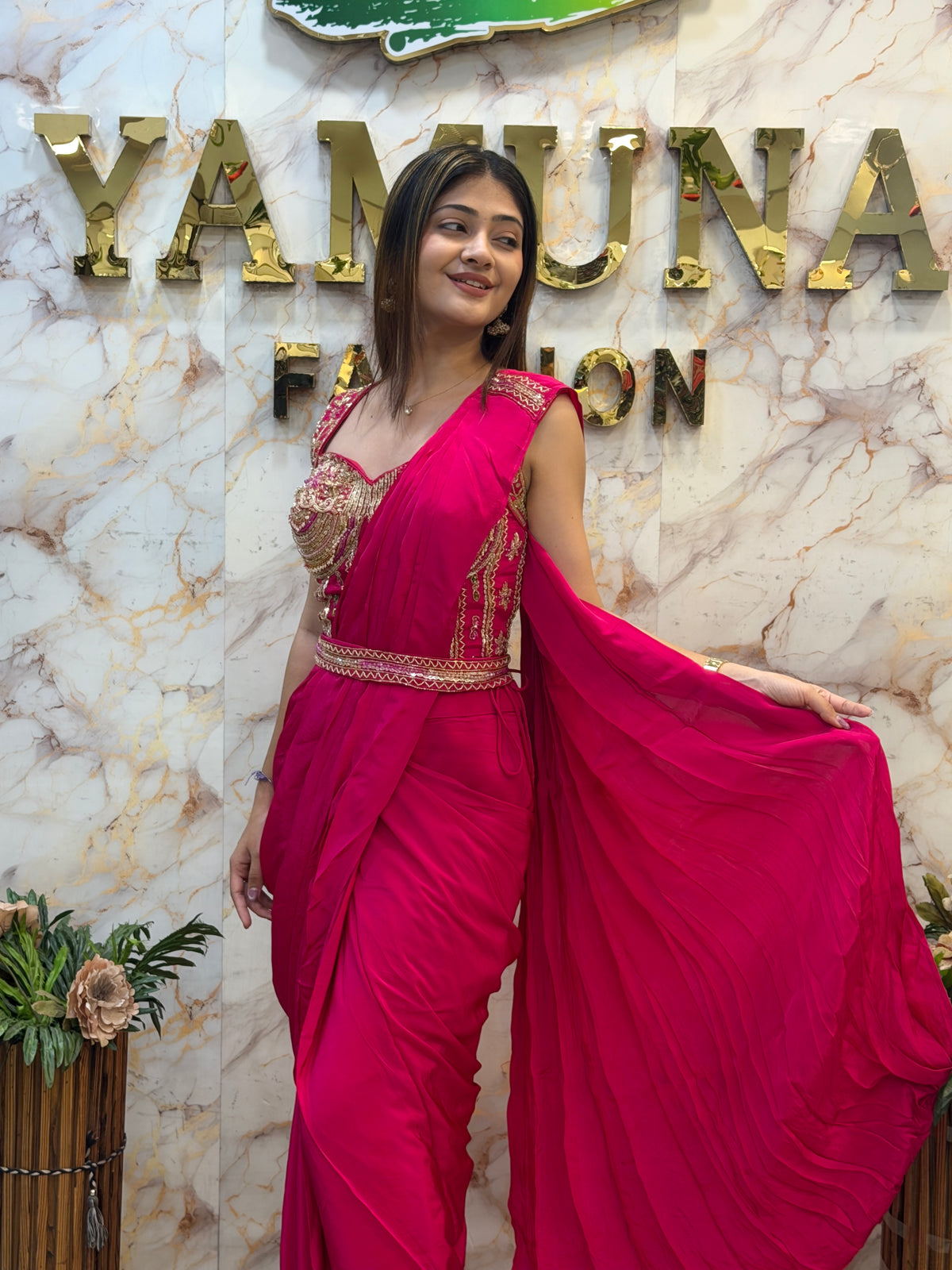 Rani Pink Embellished Draped Saree